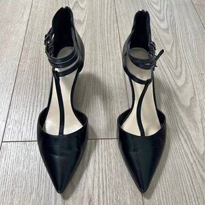 This is a pair of black pointed-toe stiletto heels.
